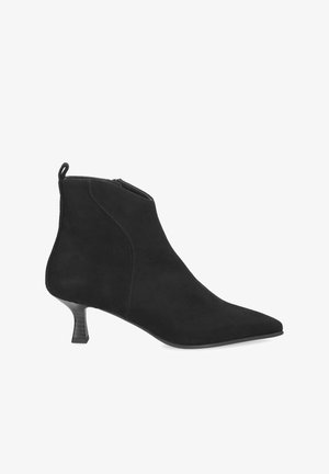 Black suede ankle boot with pointed toe, short kitten heel, side zipper, and pull tab at the back.