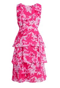 Pink floral dress with layered ruffles, featuring large white and darker pink flower patterns, a round neckline, and sleeveless design.