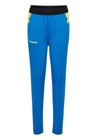 Blauwe sportbroek met een zwarte elastische tailleband, twee zakken met gele accenten en een slim fit ontwerp. Logo gedrukt op de onderste linkerzijde.