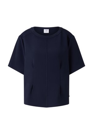 Short-sleeve navy blue top made from soft fabric, featuring a round neckline, subtle front seams, and side pleat details for a relaxed fit.