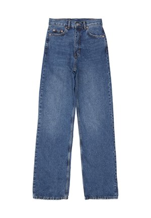 Denim jeans with a high waist and wide legs, featuring a classic blue wash, visible stitching, and metal hardware on the front pocket.