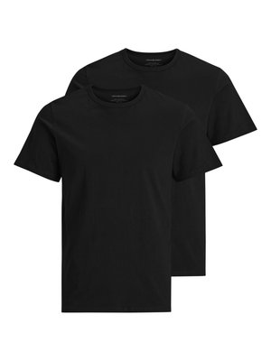 Two black crew-neck t-shirts made of cotton. Short sleeves and a simple design, featuring no visible patterns or accents.