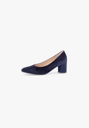 Navy blauwe suede hoge hak pump met een puntige neus en een blokhak. Glad textuur met een eenvoudig ontwerp en geen zichtbare versieringen.