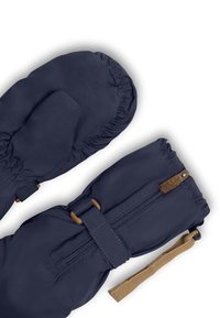 Tamsiai mėlynos pirštinės, pagamintos iš tvirto audinio, su elastinėmis apykaklėmis, užtrauktukų kišenėmis ir odiniais akcentais, užtikrinančiais saugų uždarymą.