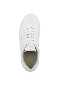 White sneaker with a smooth leather upper, flat laces, and a rounded toe. Features gold branding on the side and inside.