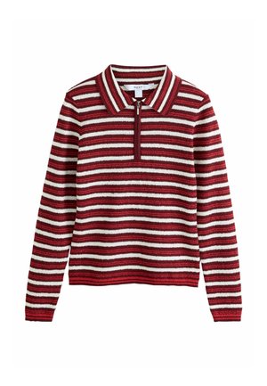 Pull en maille à manches longues avec des rayures horizontales rouges, blanches et bordeaux, un col et une courte fermeture éclair à l'avant.