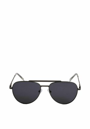 Ochelari de soare tip aviator cu lentile închise, cadru metalic și suporturi auriculare din plastic transparent. Prezintă un design cu dublu punte și brațe subțiri.
