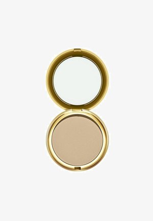Avaa kultainen kompaktikotelo, jossa sisällä beige puristettu puuteri ja kannessa pyöreä peili.