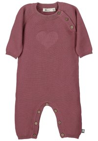 Knitted onesie in dusty rose, featuring a textured heart pattern, button closures at shoulder and bottom, and ribbed cuffs.