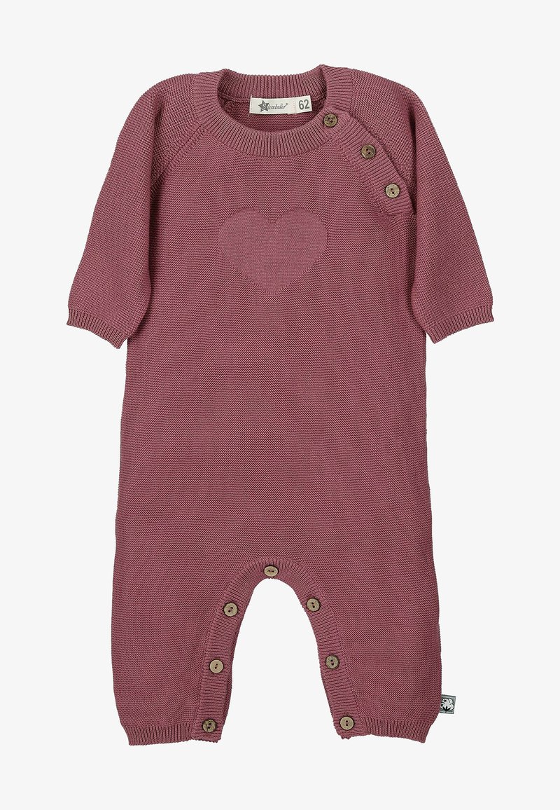 Knitted onesie in dusty rose, featuring a textured heart pattern, button closures at shoulder and bottom, and ribbed cuffs.