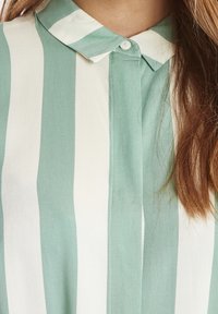 Blusa a righe verde menta e crema con colletto, chiusura a bottoni e texture del tessuto liscia. Le righe verticali sono distanziate in modo uniforme.