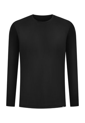 Zwarte longsleeve shirt, ronde halslijn, soepele textuur, gemaakt van lichtgewicht stof, eenvoudig ontwerp, en geen zichtbare patronen of accenten.