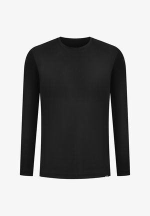 Zwarte longsleeve shirt, ronde halslijn, soepele textuur, gemaakt van lichtgewicht stof, eenvoudig ontwerp, en geen zichtbare patronen of accenten.