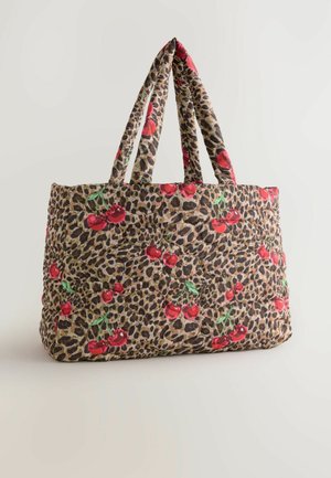 Leopard print tote bag with bright red cherry designs, featuring two long handles for carrying.
