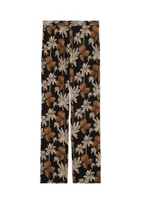 Pantalon noir avec un motif de feuilles tropicales en crème, orange et tonalités vertes. Fabriqué en tissu léger, avec une coupe décontractée.