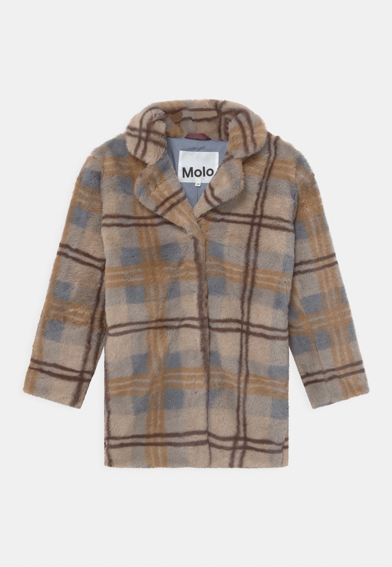 Manteau en fausse fourrure à carreaux beige, marron et bleu, manches longues et col large, étiquette "Molo" à l'intérieur du col.