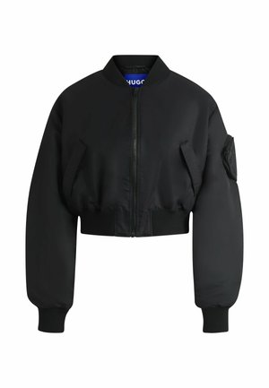 Black bomber jacket made of smooth fabric. Features a zip closure, ribbed cuffs, and two front pockets. Cropped design with a relaxed fit.