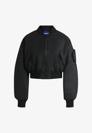 Black bomber jacket made of smooth fabric. Features a zip closure, ribbed cuffs, and two front pockets. Cropped design with a relaxed fit.