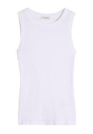 Biała bezrękawnikowa prążkowana koszulka na ramiączkach z okrągłym dekoltem, gładki przód i metka Marc O’Polo wewnątrz kołnierzyka.