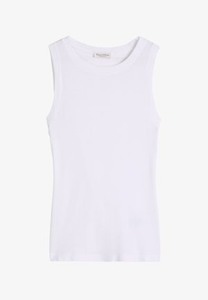 Biała bezrękawnikowa prążkowana koszulka na ramiączkach z okrągłym dekoltem, gładki przód i metka Marc O’Polo wewnątrz kołnierzyka.