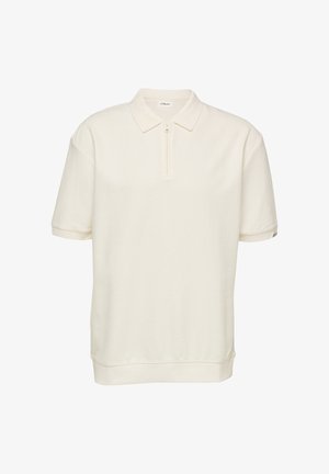 Cremefarbenes, kurzärmliges Polohemd mit strukturierten horizontalen Streifen und einem Reißverschluss vorne anstelle von Knöpfen.