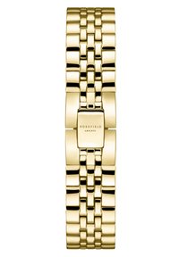 Orologio da polso in metallo dorato con cassa quadrata, design del bracciale a maglia e finitura lucida. Presenta il testo "ROSEFIELD AMS|NYC" sul quadrante.