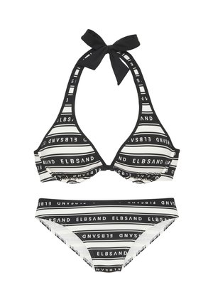 Crno-bijeli bikini s halter izrezom i mašnom, prugastog uzorka i brend tekstom. Materijal izgleda glatko i rastezljivo.