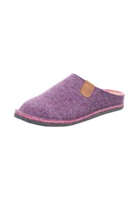 Lila filttoffel med en grå sula, rosa accentstygn och en läderpatch på sidan; rundad form och öppen bakdesign.