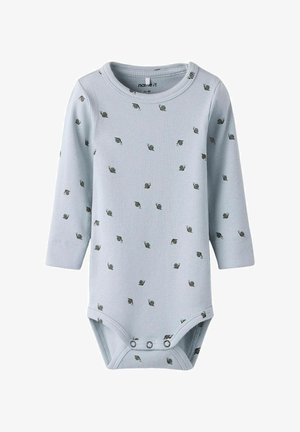 Hellblau gestreifter Langarm-Body mit kleinen Schneckenmustern. Verfügt über Druckknöpfe im Schritt für einfaches An- und Ausziehen. Weicher Stoff.