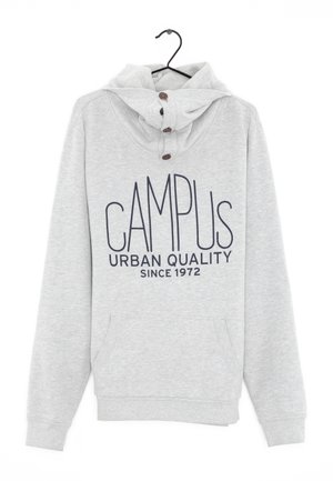 Grijze sweatshirt met capuchon, voorzien van donkerblauwe tekst "CAMPUS URBAN QUALITY SINCE 1972," drie knoopdetails en een voorzak.