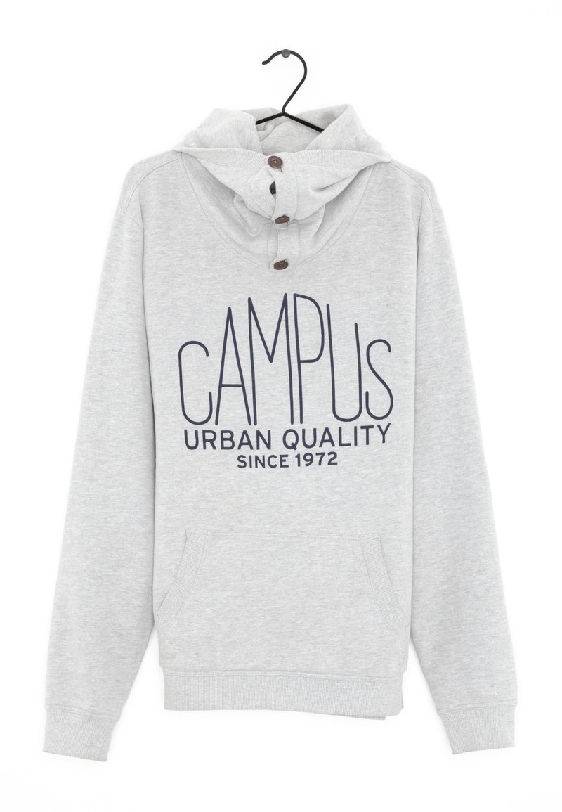 Sudadera gris con capucha, que presenta un texto azul oscuro "CAMPUS URBAN QUALITY SINCE 1972", tres detalles de botones y un bolsillo frontal.