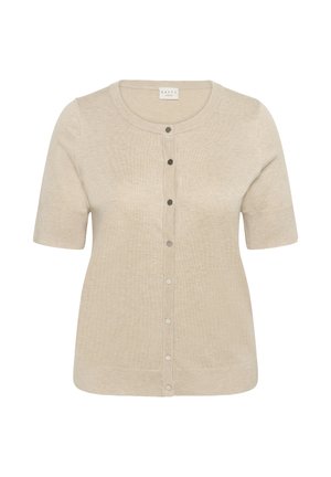 Beige kurzärmelige Strickjacke mit Rundhalsausschnitt und vorderen Druckknöpfen, aus weichem strukturiertem Stoff.