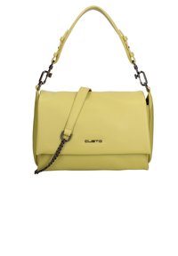 Borsa a tracolla in ecopelle gialla con forma strutturata, dettaglio con catena e tracolla regolabile. Presenta un pattina pieghevole e un particolare logo del marchio.
