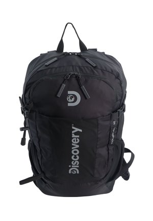 Black backpack made of durable fabric, featuring multiple zippered compartments, adjustable straps, and a top carry handle.