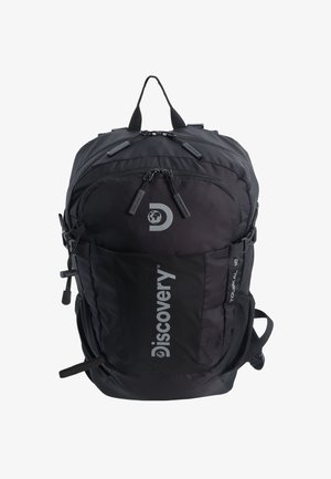 Black backpack made of durable fabric, featuring multiple zippered compartments, adjustable straps, and a top carry handle.
