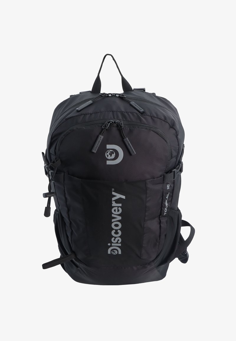 Black backpack made of durable fabric, featuring multiple zippered compartments, adjustable straps, and a top carry handle.