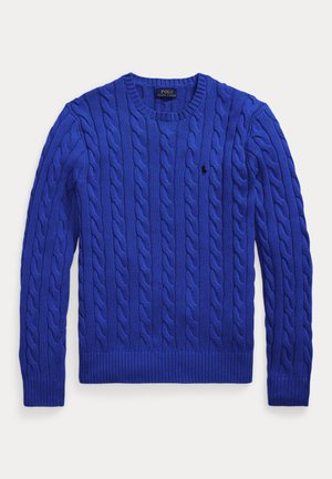 Pull bleu à col rond en maille torsadée, manches longues et petit logo Polo Ralph Lauren brodé sur la poitrine gauche.