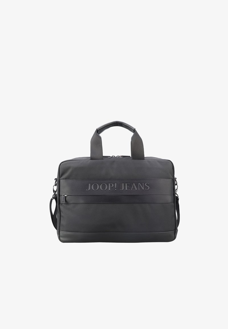 Sac structuré noir en tissu texturé avec une base en cuir lisse. Doté de poignées supérieures, d'une bandoulière réglable et d'un détail logo en relief.
