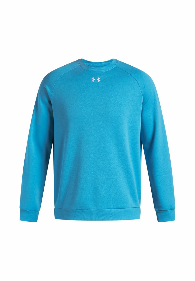 Sudadera azul claro hecha de tela suave, con cuello redondo y mangas largas, que presenta un pequeño logo blanco en el pecho.