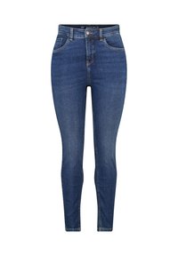 Donkerblauwe skinny jeans met hoge taille, knoopsluiting aan de voorkant, rits, riemlussen en vijf-pocket styling.
