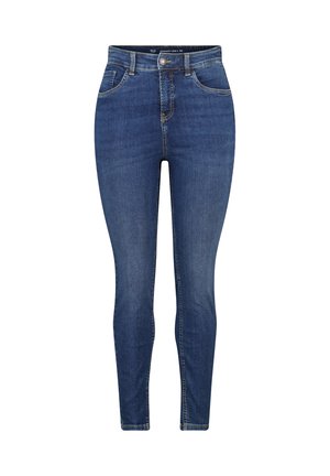 Jean skinny taille haute bleu foncé avec bouton frontal, fermeture éclair, passants de ceinture et style à cinq poches.