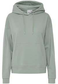 Ljus salviagrön pull-over hoodie med framfickor, justerbar dragsko på huva och ribbad mudd vid ärmar och nederkant.