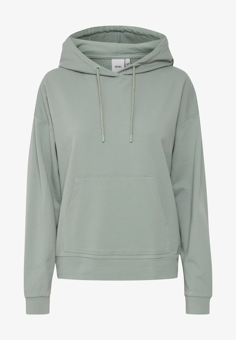 Ljus salviagrön pull-over hoodie med framfickor, justerbar dragsko på huva och ribbad mudd vid ärmar och nederkant.