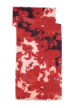 Prostokątny szal w czerwone i różowe kwiaty z dużymi kwiatami i subtelnymi, postrzępionymi brzegami.