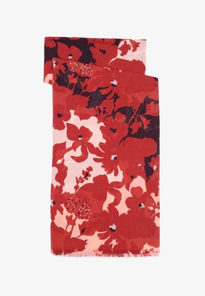 Pravokutni šal crvene i ružičaste boje s uzorkom velikih cvjetova i suptilnim resicama na rubovima.