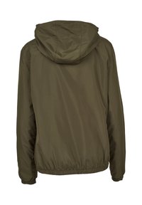 Mørkegrønn hettejakke med elastiske mansjetter og kant, vist bakfra mot en hvit bakgrunn.