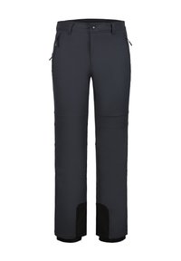 Mörkgrå mjuka utomhusbyxor för män med dragkedjefickor på sidan, förstärkta svarta inre manschetter och bältesöglor.