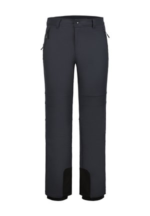 Pánské tmavě šedé softshellové outdoorové kalhoty s bočními kapsami na zip, vyztuženými černými vnitřními manžetami a poutky na pásek.