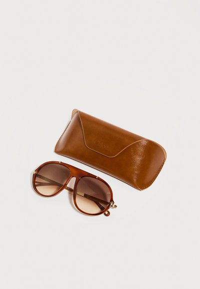 Καφέ γυαλιά ηλίου τύπου πιλότου με φακούς βαθμίδας, τοποθετημένα δίπλα σε καφέ δερμάτινη θήκη γυαλιών που ταιριάζει, σε λευκό φόντο.