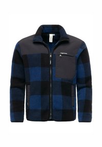 Kurtka polarowa w niebiesko-czarną kratę. Posiada zamek z przodu, podniesioną kołnierz oraz kieszeń na piersi z logo.